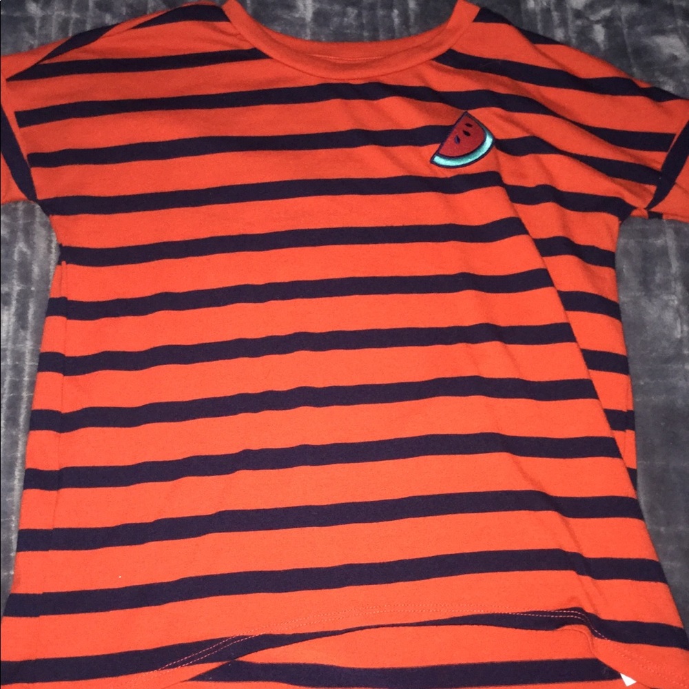 Red tinted orange and navy blue stripped shirt